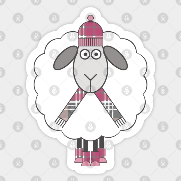 Cosy Winter Sheep With Pink, Grey and White Tartan Hat, Scarf and Boots Sticker by MacPean